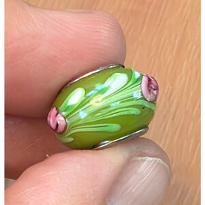 Murano Glass Charm Bead – Green with Pink Floral Accents